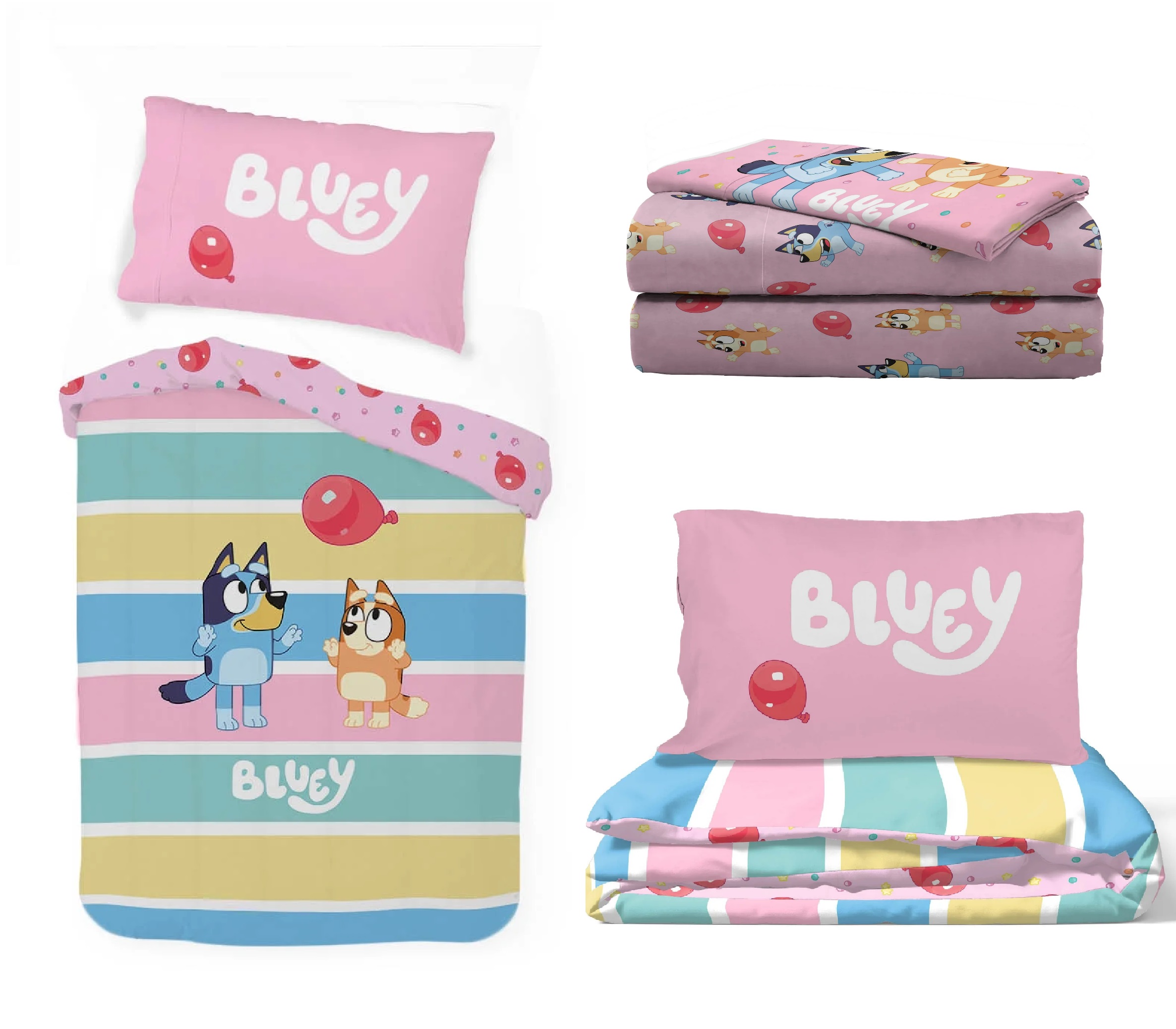 Set ropa de Cama Individual Bluey Rosa 5pz Edredon 2 Vistas Sabanas