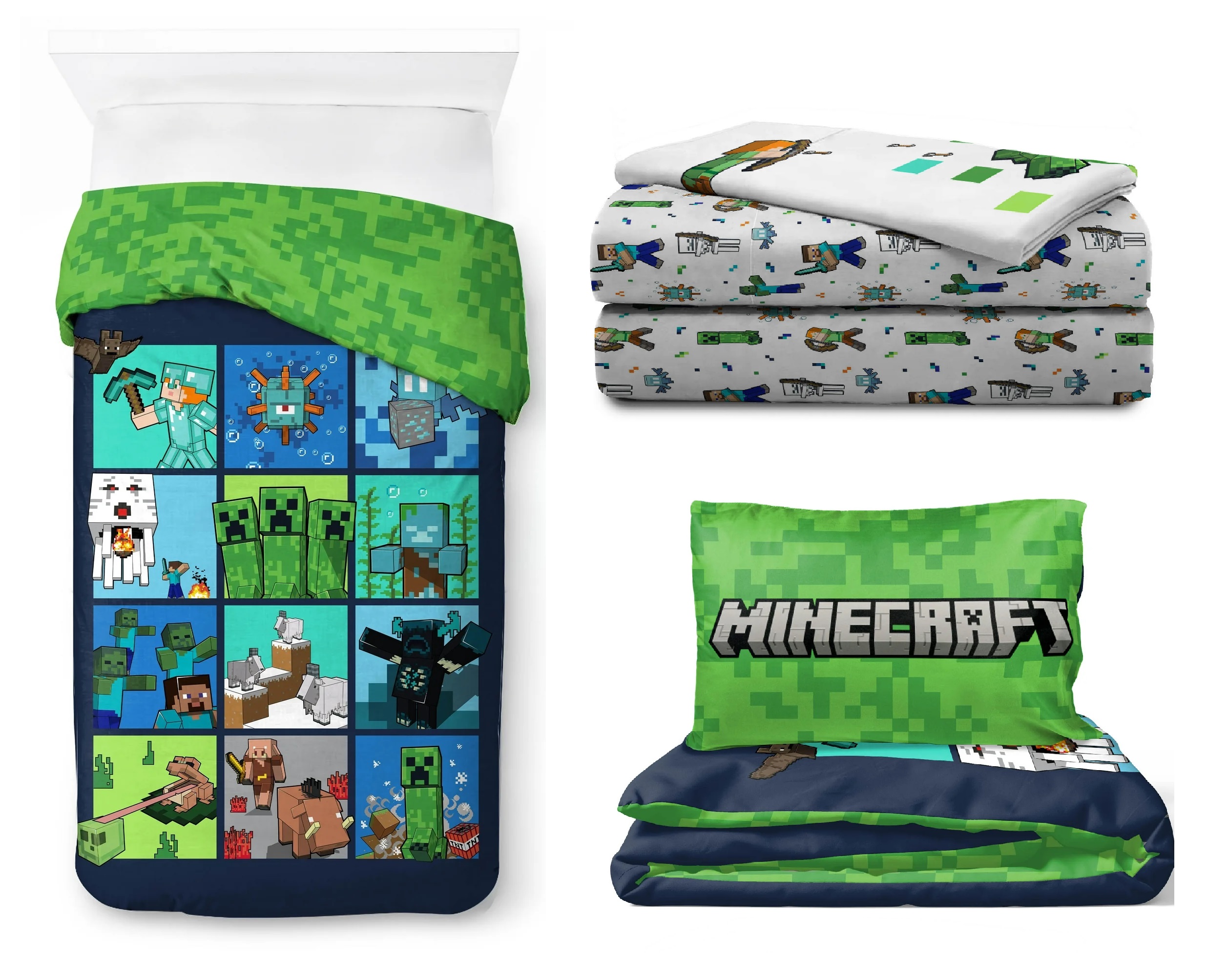 Juego Ropa de Cama Matrimonial Edredon 2 vistas Sabanas Minecraft 6pz