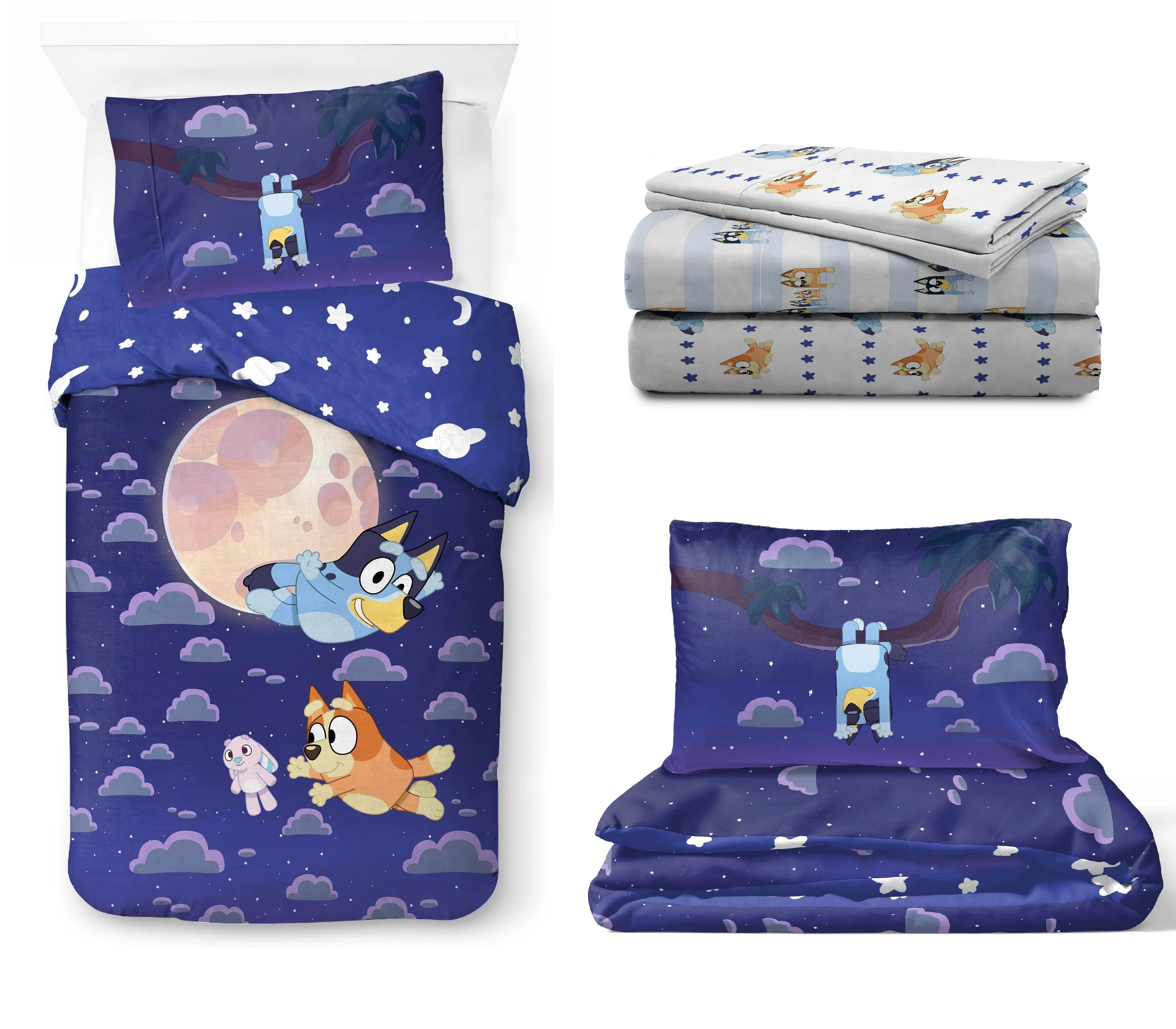 Juego Ropa de Cama Matrimonial Edredon 2 vistas Sabanas Bluey Azul 6pz