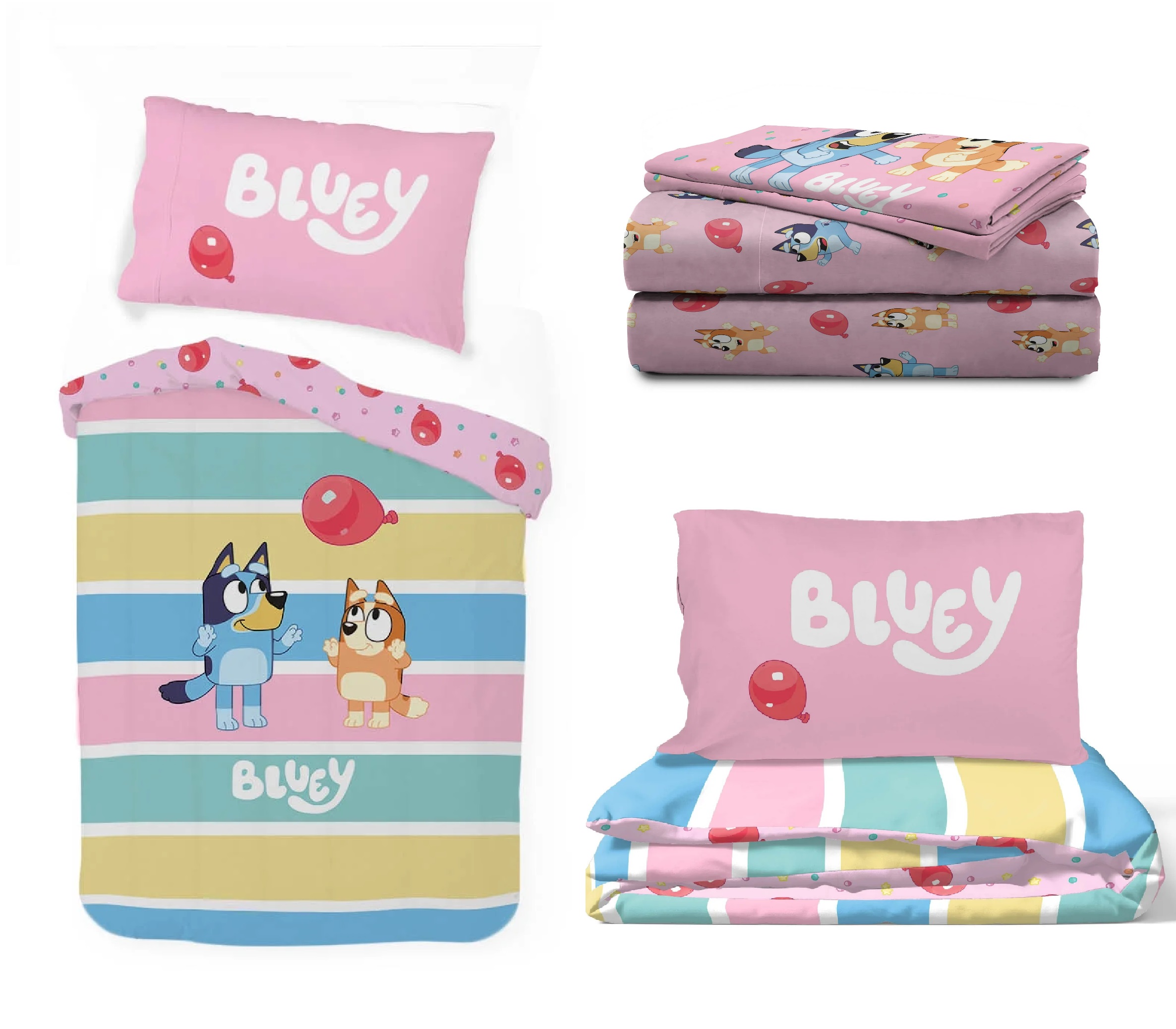Juego Ropa de Cama Matrimonial Edredon 2 vistas Sabanas Bluey Rosa 6pz