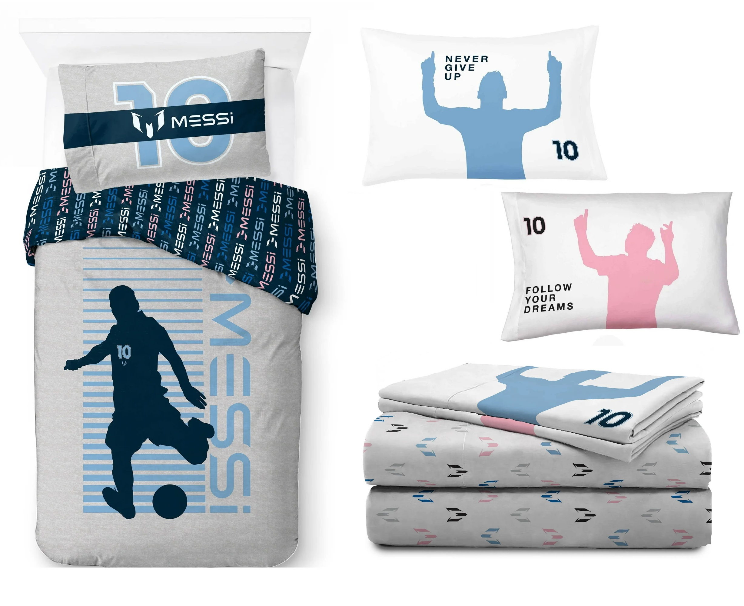 Juego Ropa de Cama Matrimonial Edredon 2 vistas Sabanas Messi 6pz