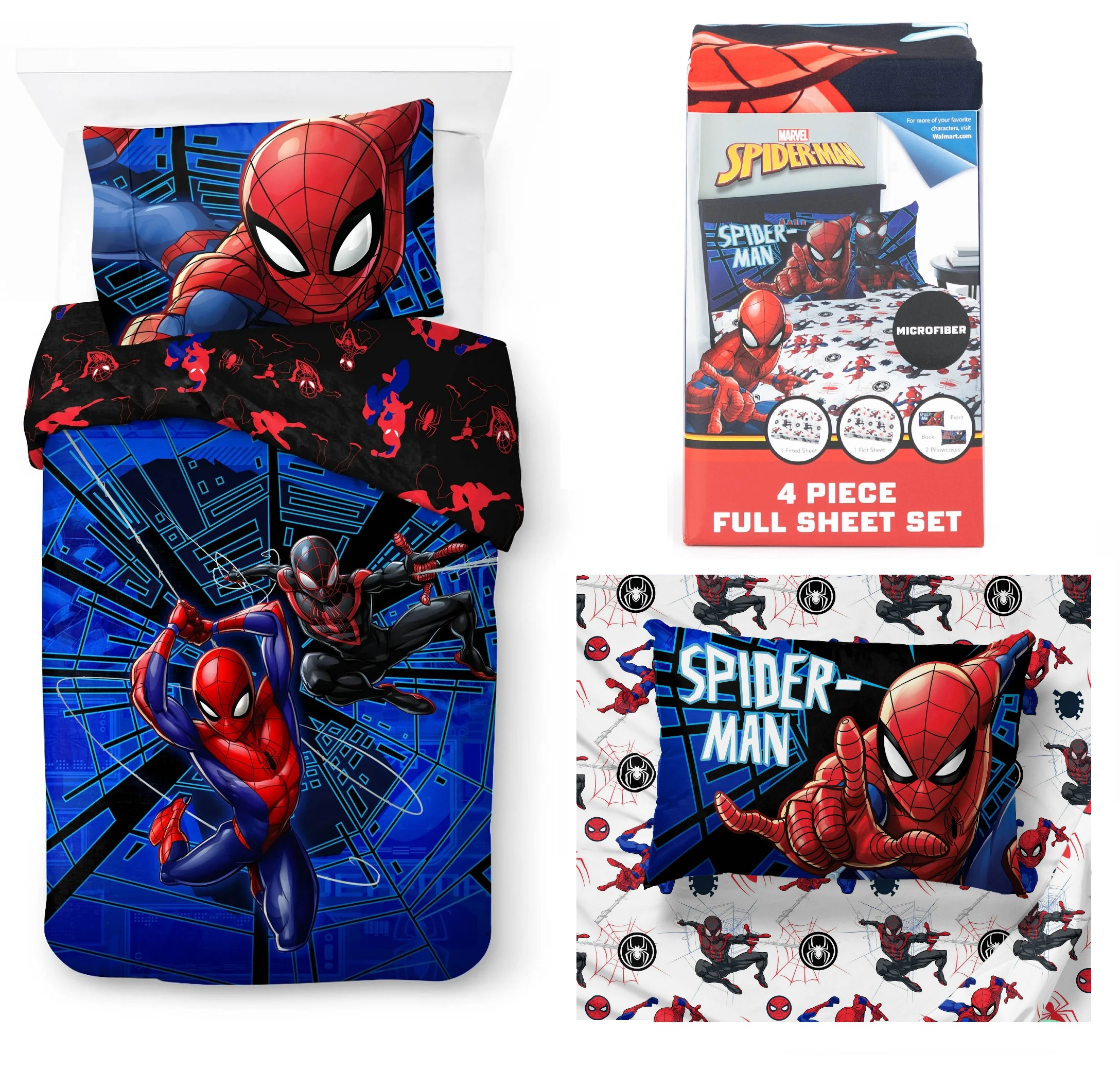 Juego Ropa de Cama Matrimonial Edredon 2 vistas Sabanas Spiderman 6pz