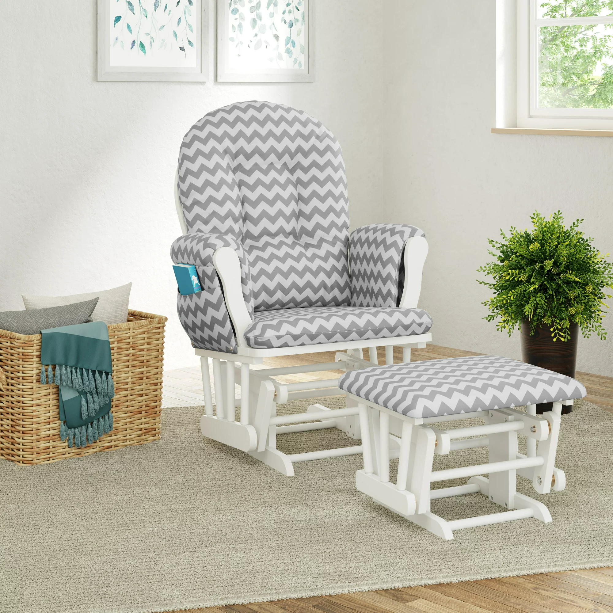 Mecedora Con Descansapies Storkcraft Blanco Tapiz Gris Chevron