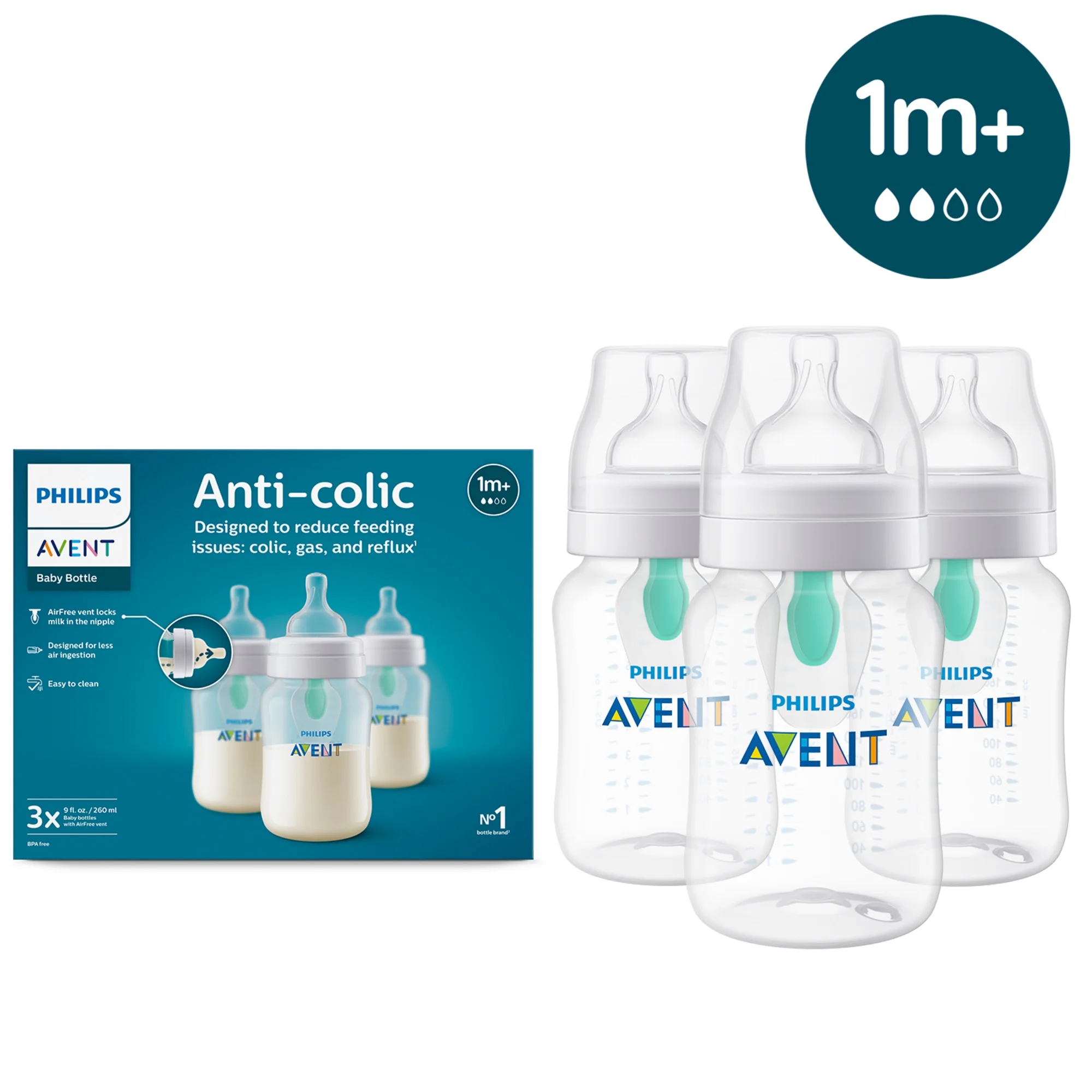 Philips Avent 3 Biberones Anticolico Airfree 255ml 9oz Color Transparente