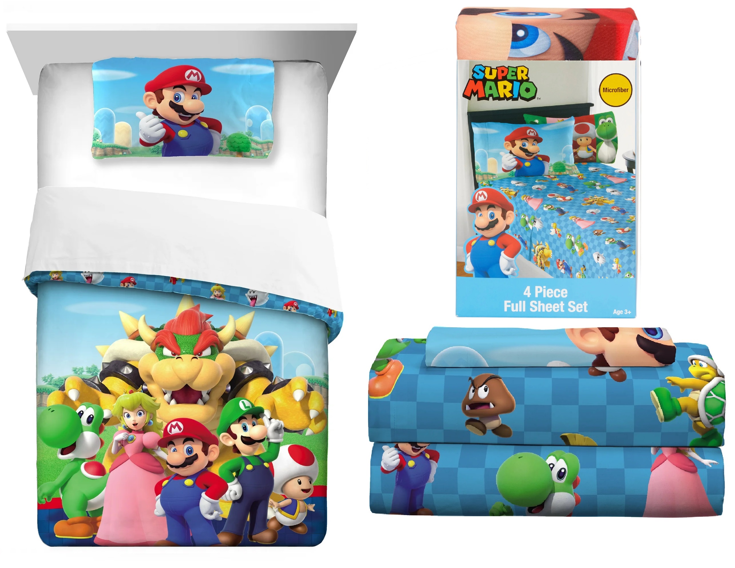 Juego Ropa de Cama Matrimonial Edredon 2 vistas Sabanas Mario Bros 6pz