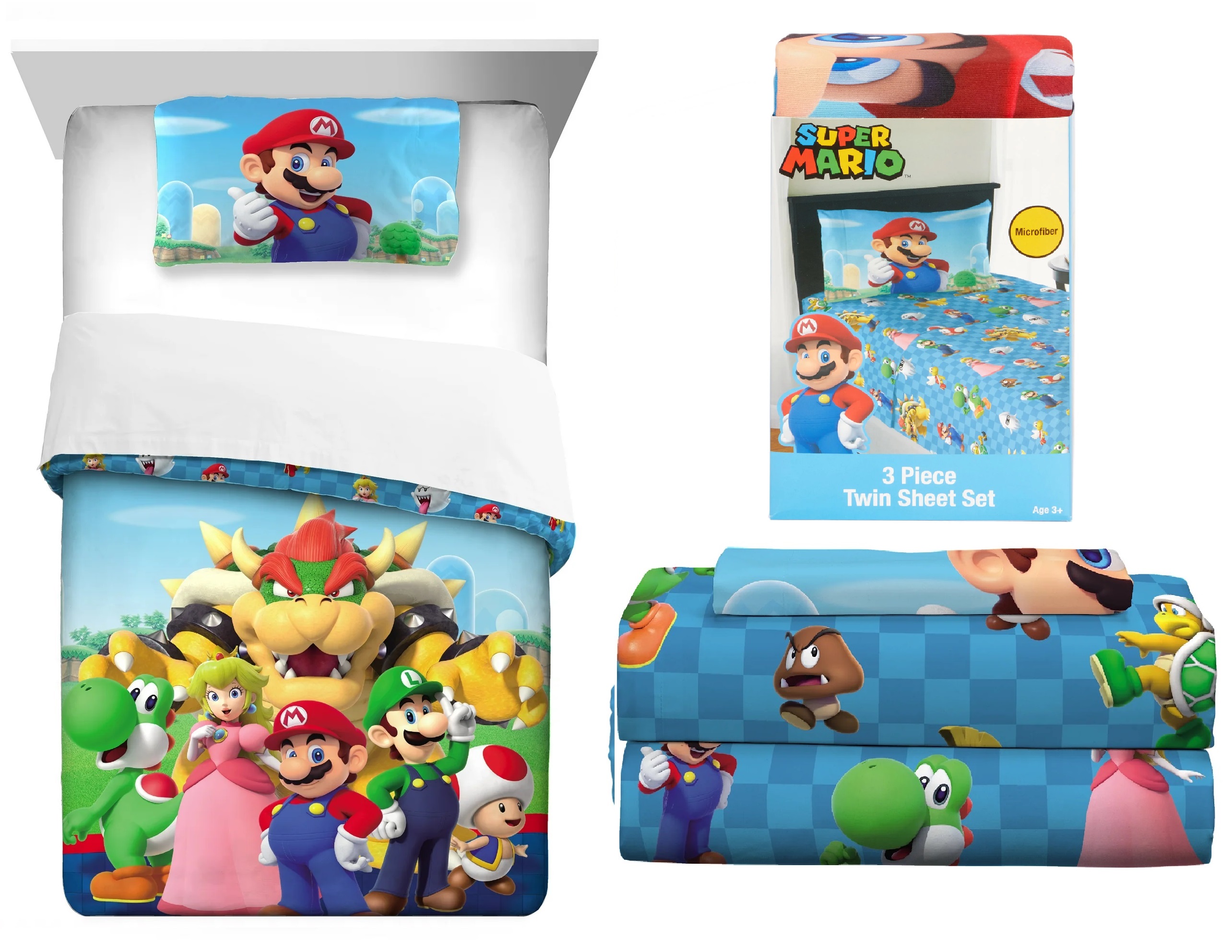 Set ropa de Cama Individual Mario Bros 5pz Edredon 2 Vistas Sabanas