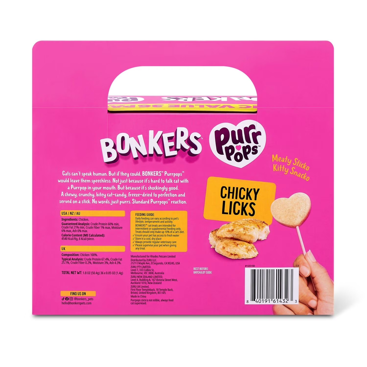 Bonkers Purrpops paleta golosinas sabor pollo para gato 36pz