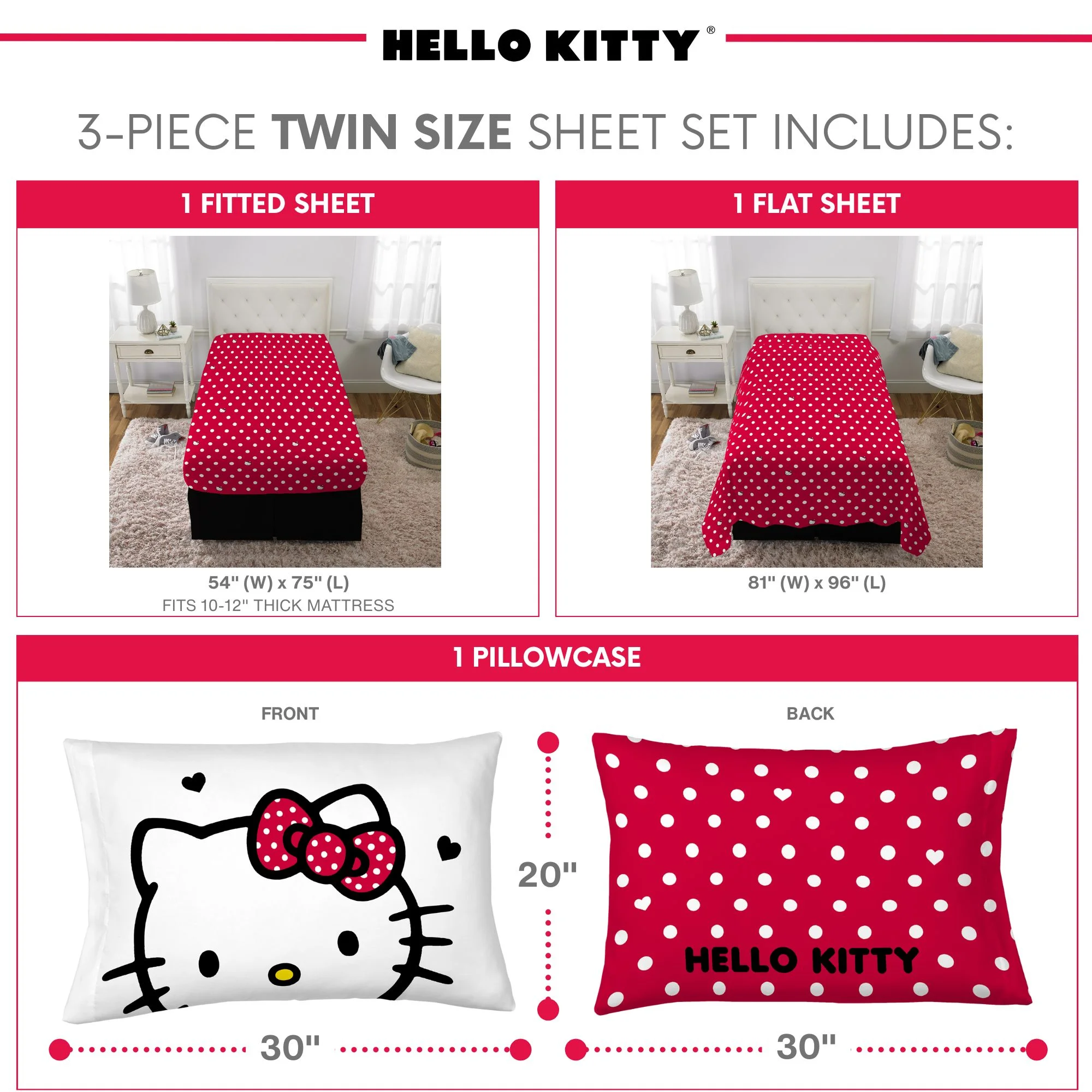 Juego de Sábanas Individual 3pz Hello Kitty Rojo