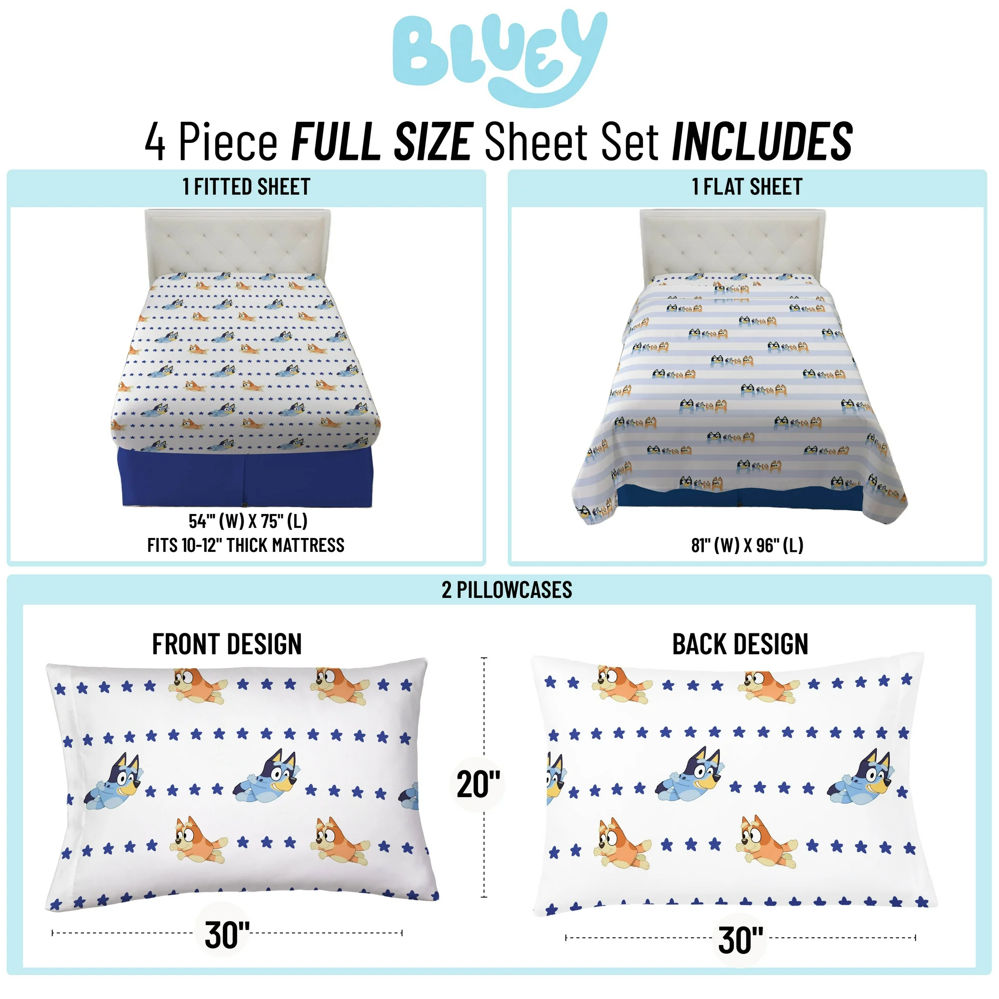 Juego De Sabana Tamaño Matrimonial 4 Pz Bluey Azul