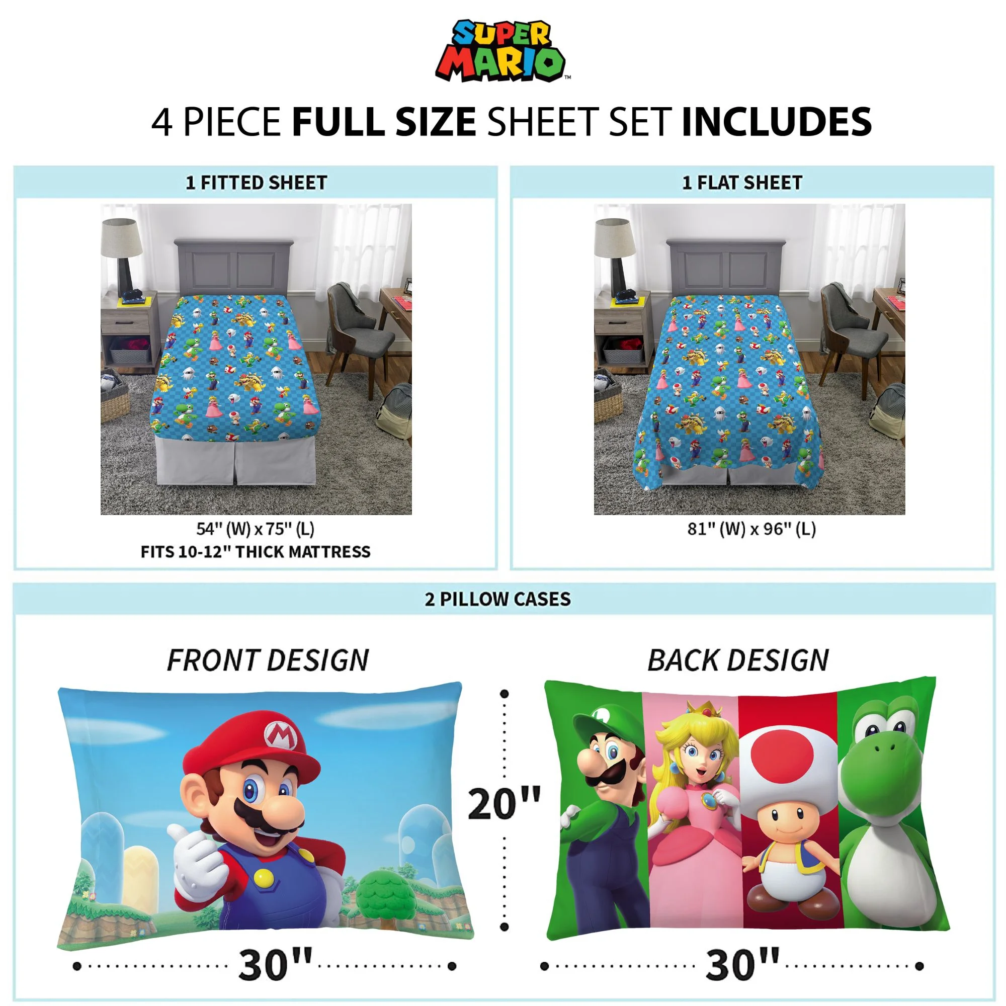 Juego De Sabana Tamaño Matrimonial 4 Pz Mario Bros