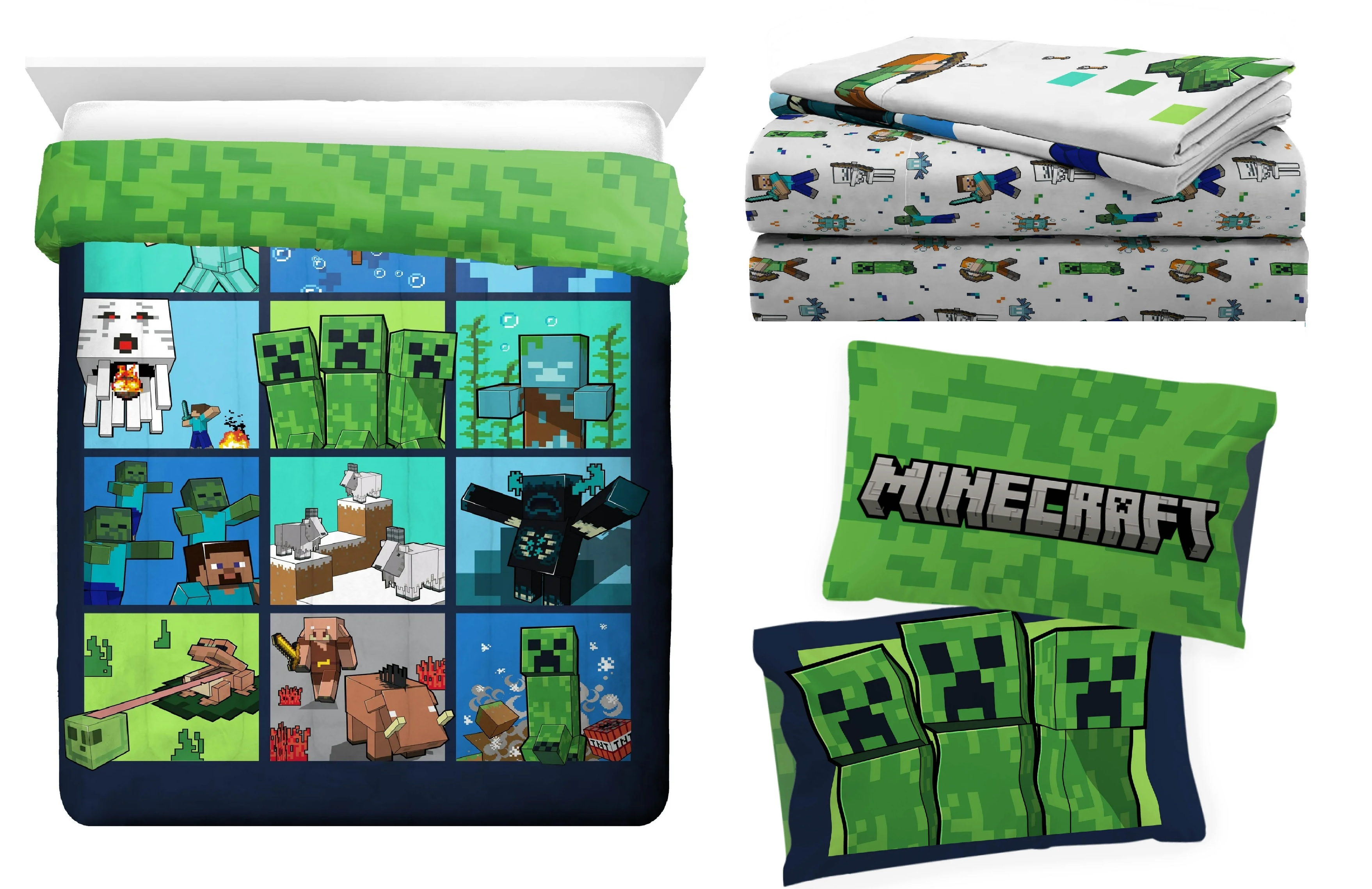 Juego Cama Minecraft Queen Edredon 2 Vistas Sabanas 7pz