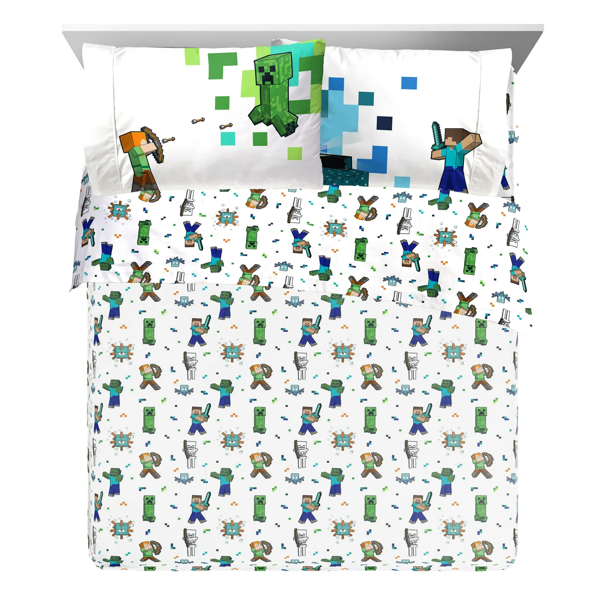 Juego Cama Minecraft Queen Edredon 2 Vistas Sabanas 7pz
