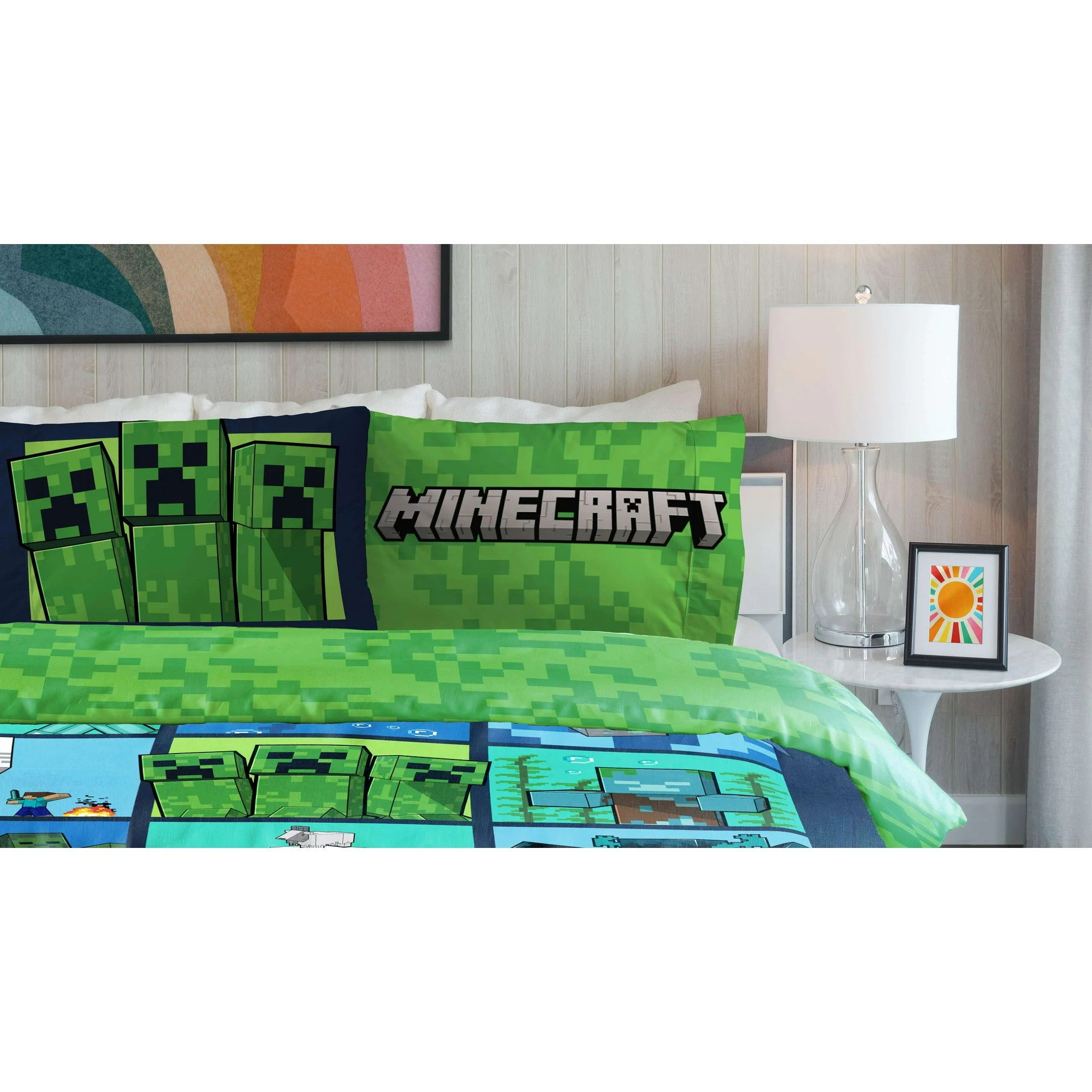 Juego Cama Minecraft Queen Edredon 2 Vistas Sabanas 7pz