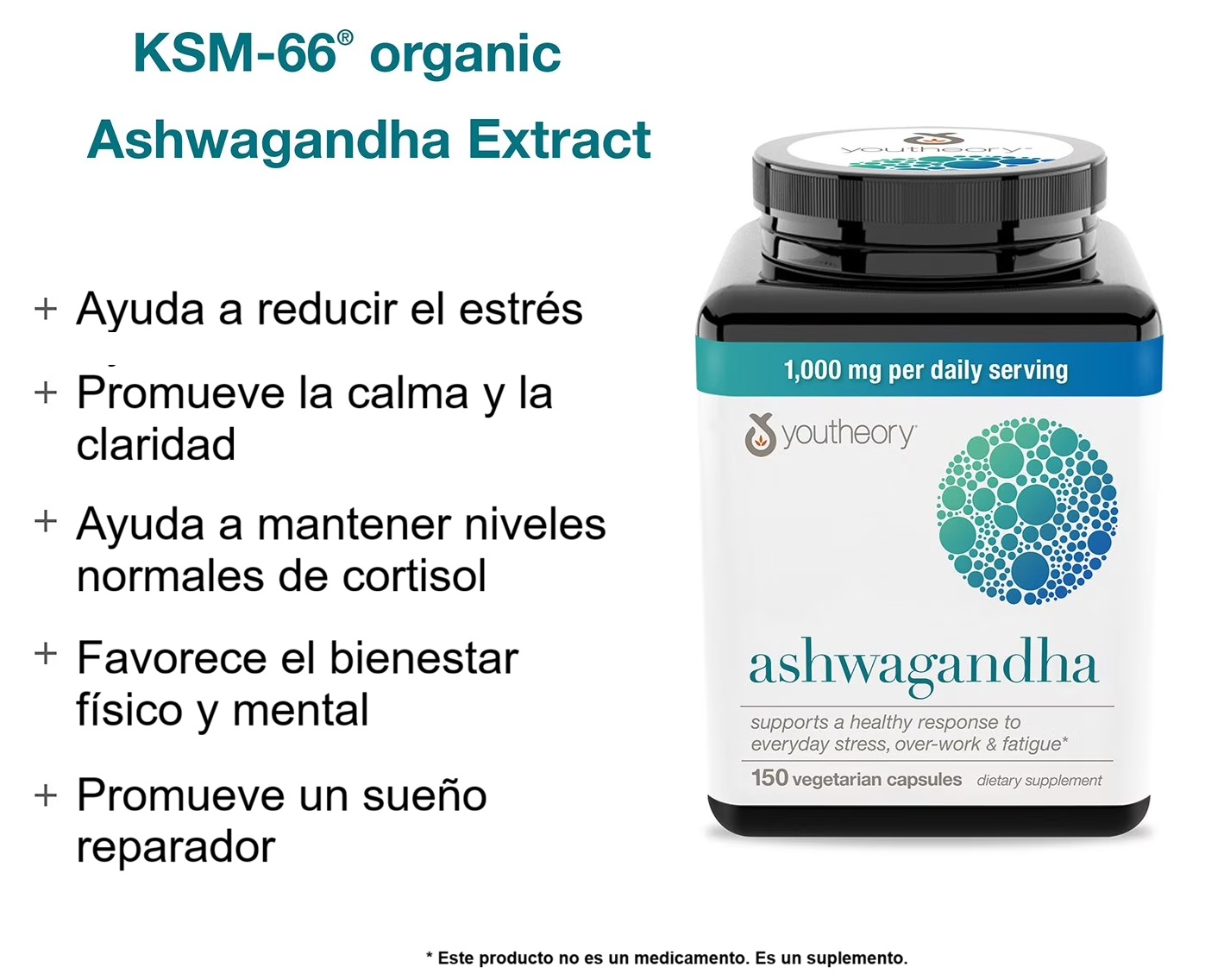Youtheory Ashwagandha 1000 mg con 150 cápsulas vegetarianas